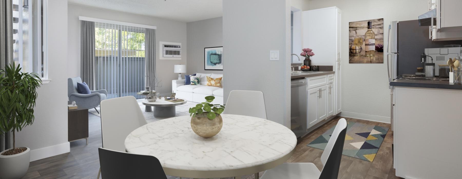 a dining room with a table and chairs